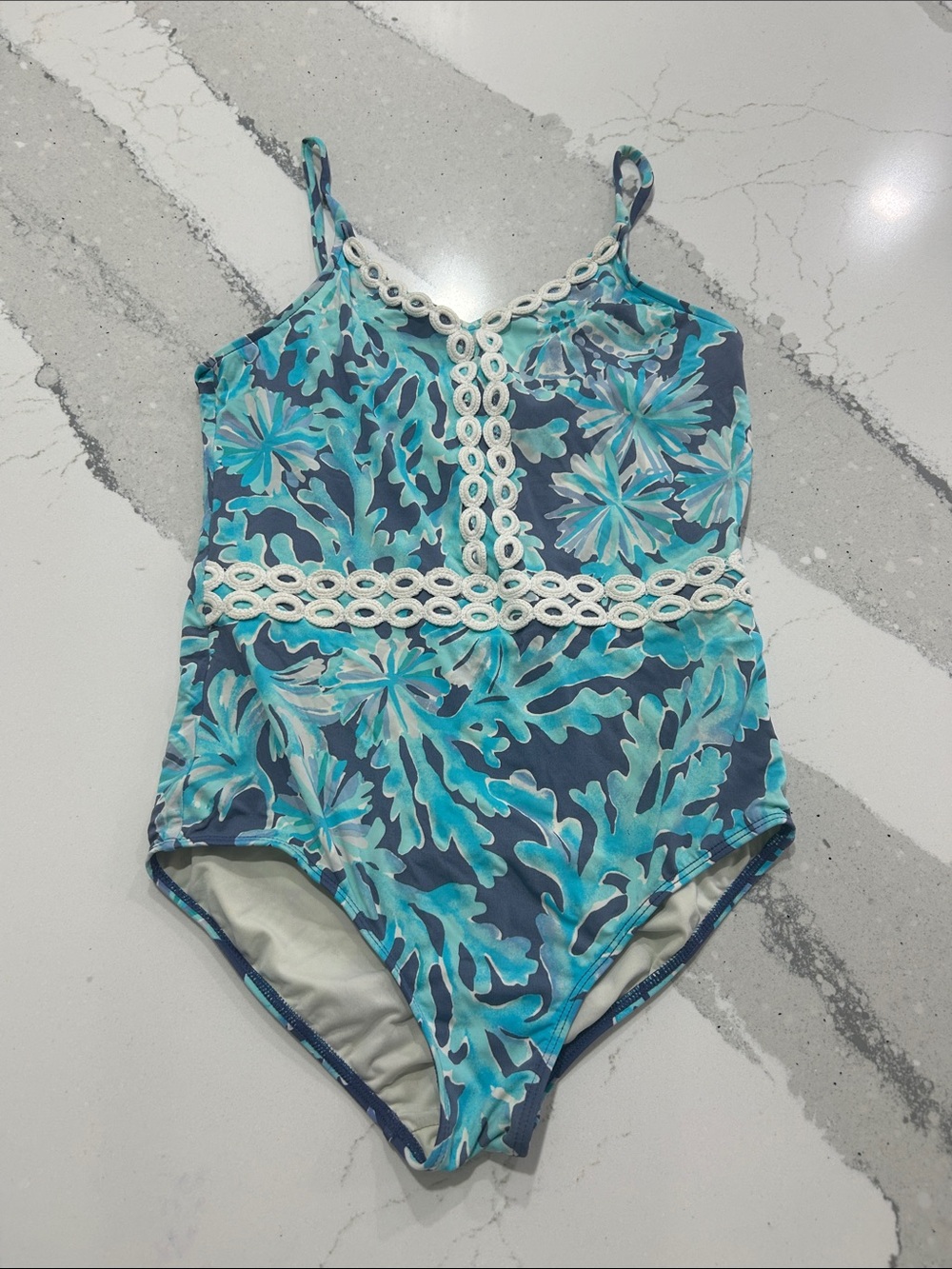 Girls Lilly Pulitzer Aqua and Navy Floral One-Piece Swimsuit with White Trim